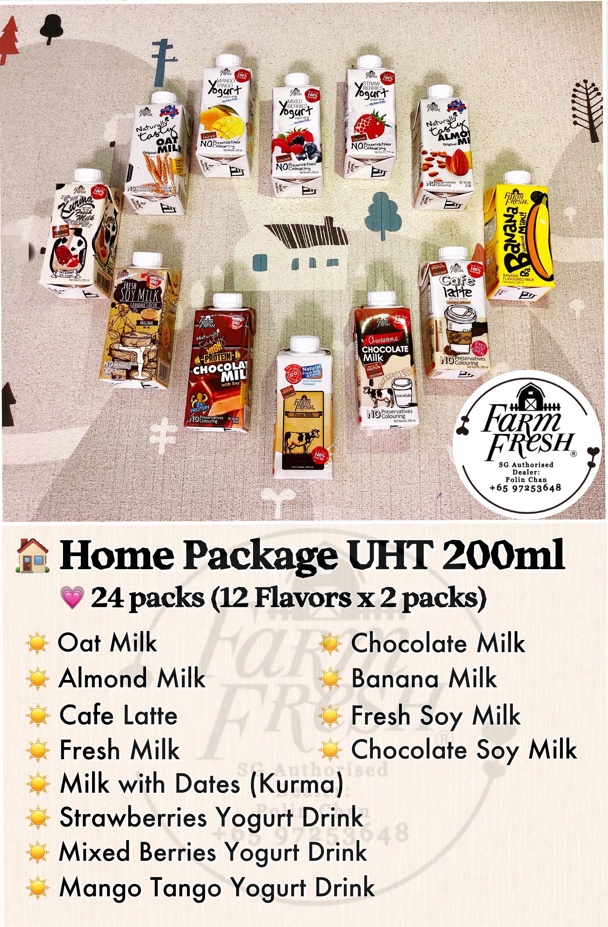Home Package 200ML (12 Flavors x 2packs) • Oat Milk • Mango Tango Yogurt Drink • Mixed Berries Yogurt Drink • Strawberries Yogurt Drink • Banana Milk • Cafe Latte • Almond Milk  • Fresh Milk • Premium Chocolate Milk  • Milk with Dates (Kurma) • Fresh Soy Milk • Chocolate Soy Milk_0