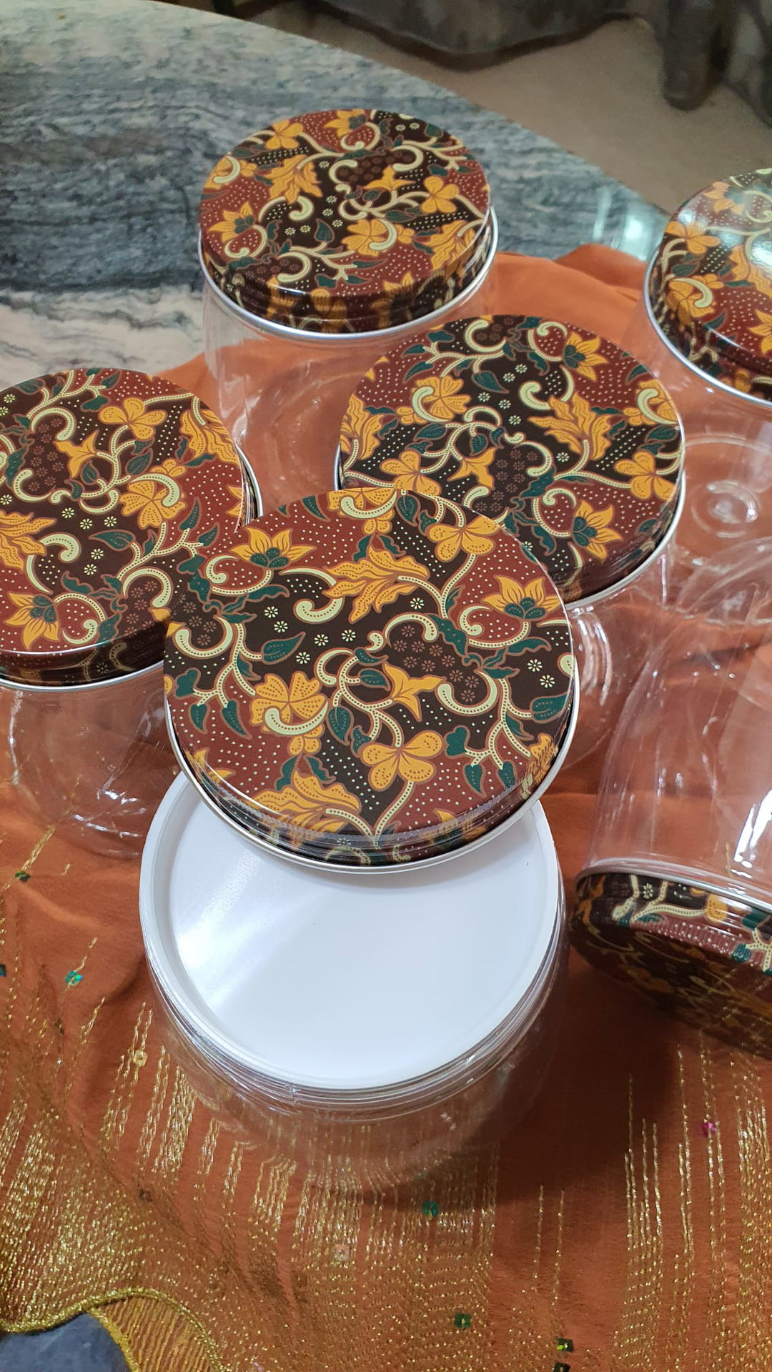 Plastic Cookies Bottles / Containers with Brown Batik design lid cover.