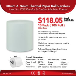 80mm X 76mm 65gsm Thermal Paper Roll Coreless