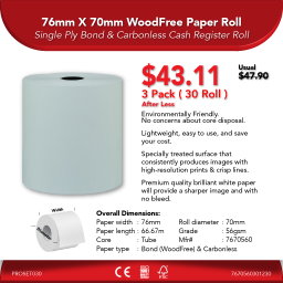 76mm X 70mm 56gsm WoodFree Paper Roll